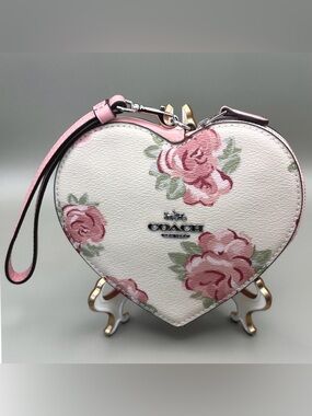 Coach Jumbo Floral Heart Wristlet Pink Rose Floral Print Coated Canvas Leather